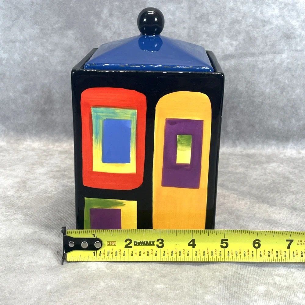 Mary Naylor Designs Modern Ceramic Canister Blue Lid Hand Painted Abstract 6x4.5